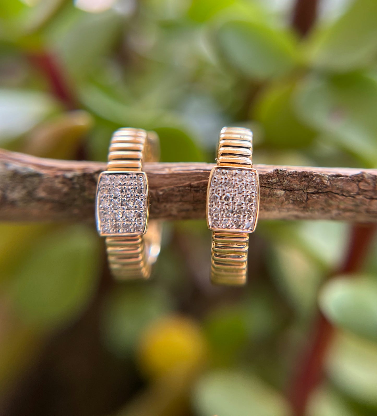 14k Yellow Gold Hand Made Lines / Fluted Diamond Huggie Earrings