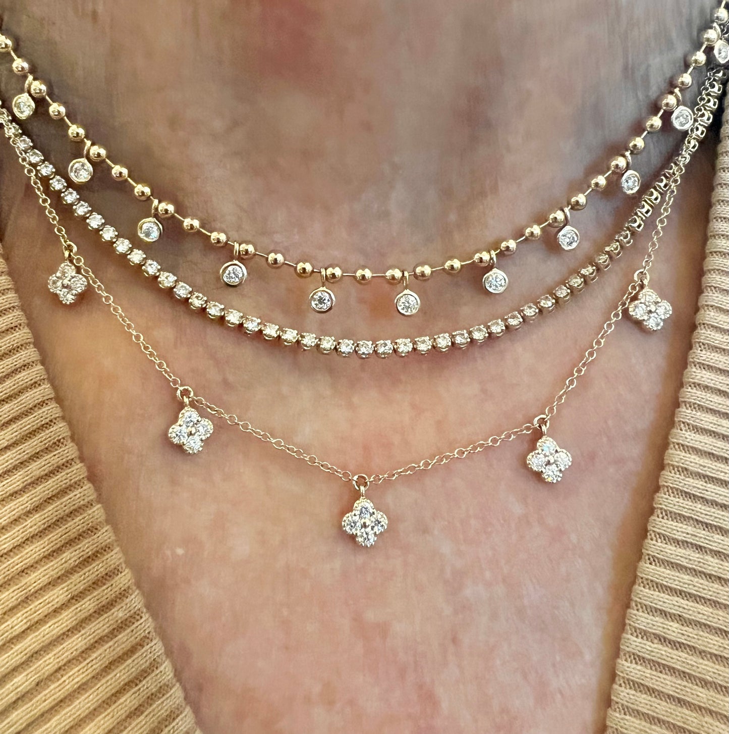 Gold beaded bezel diamond drop necklace