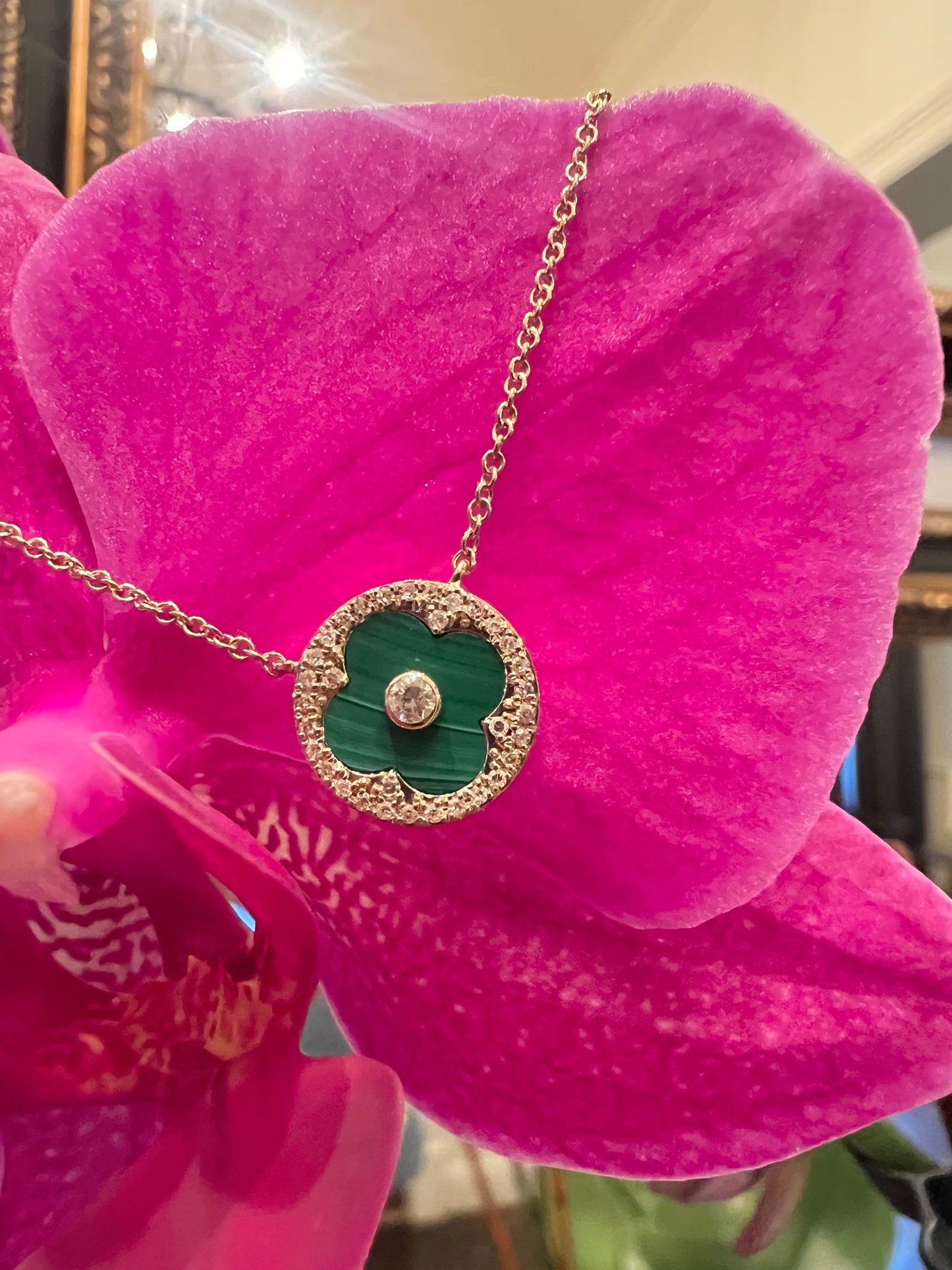 Malachite, gold and diamond clover pendant necklace