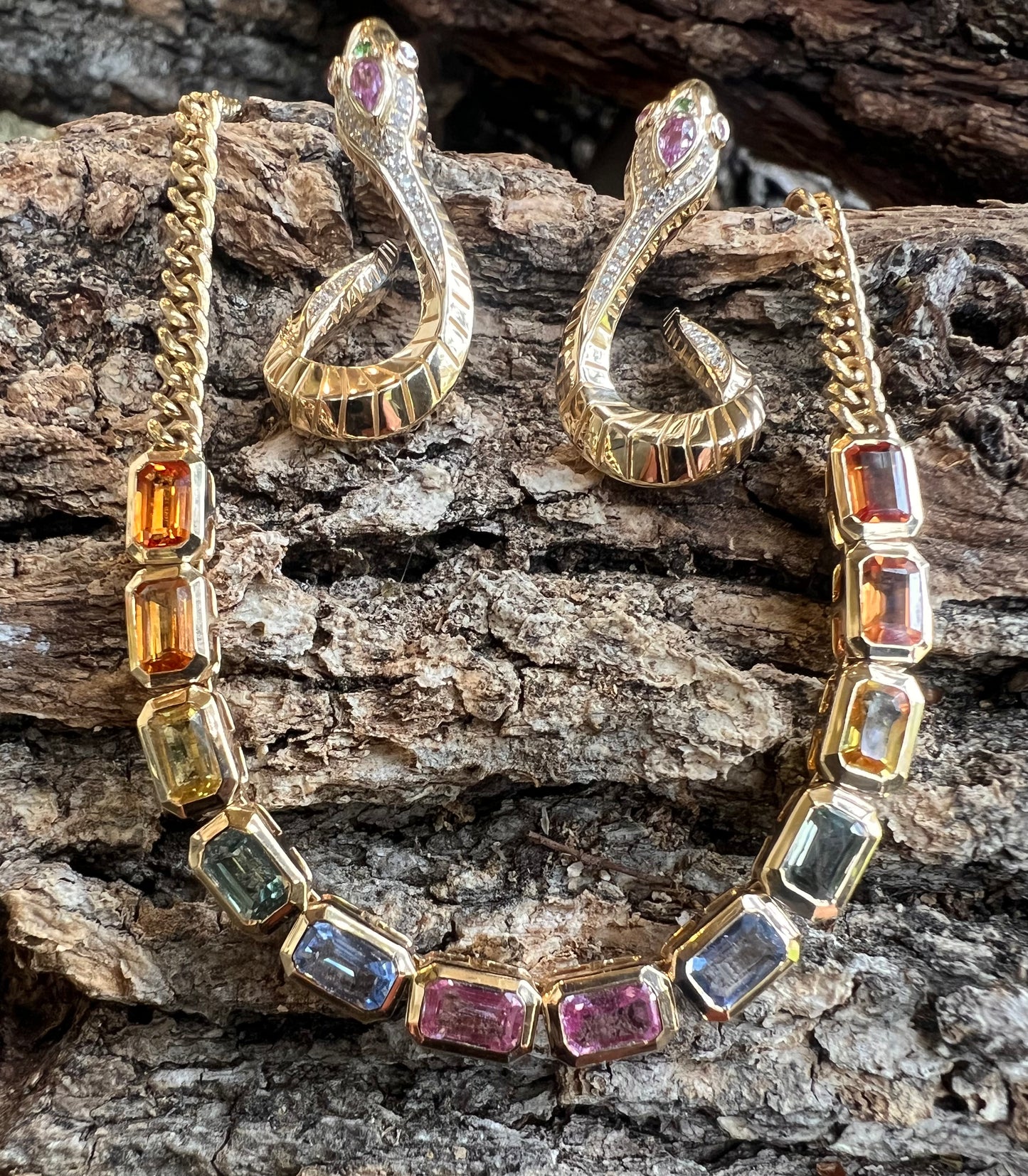 14K Multi sapphire, emerald cut necklace