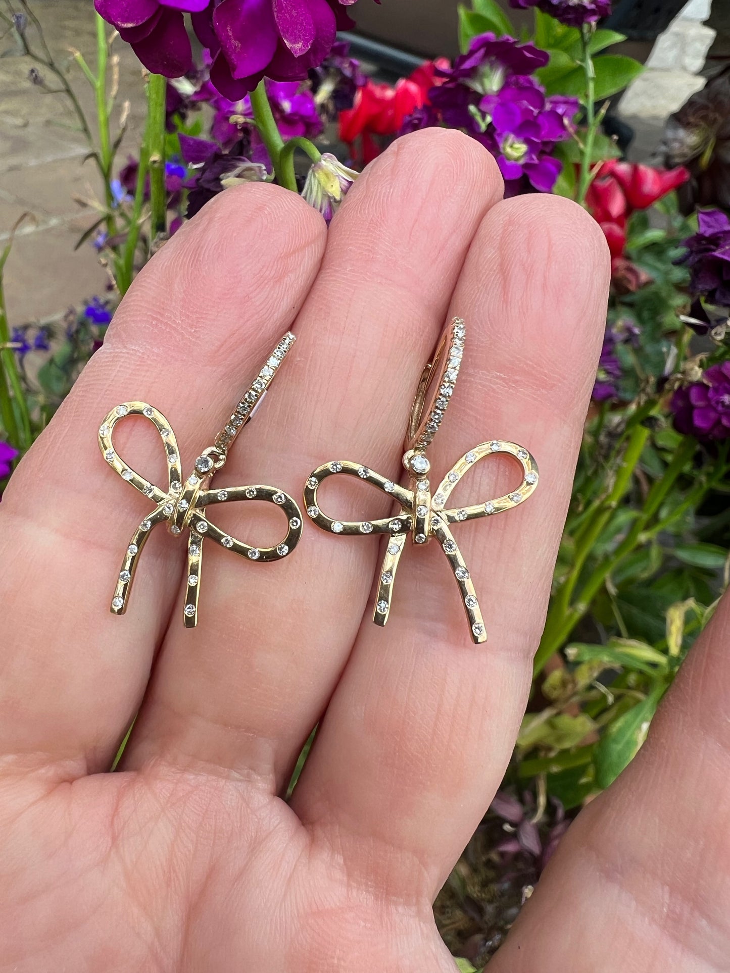 14K gold and diamond bow earrings