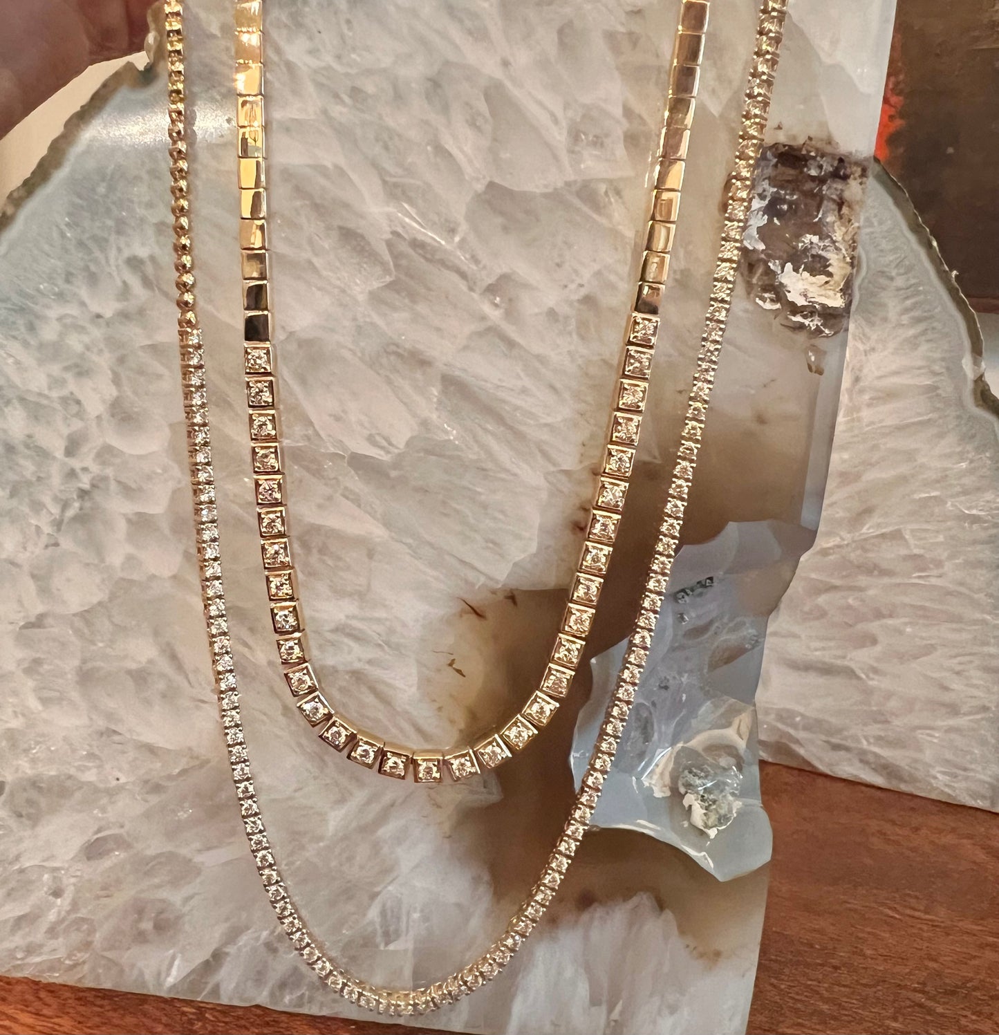 14K yellow gold square shape mount diamond tennis necklace