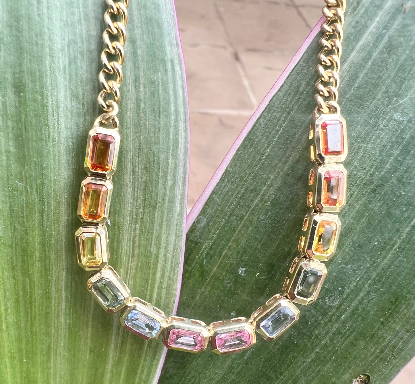 14K Multi sapphire, emerald cut necklace