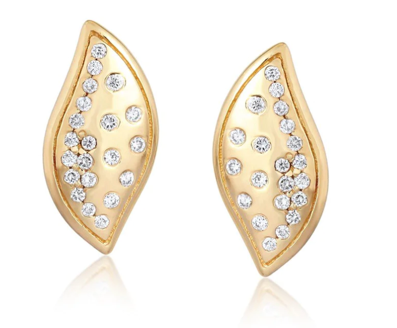 14K scattered diamond leaf stud earring