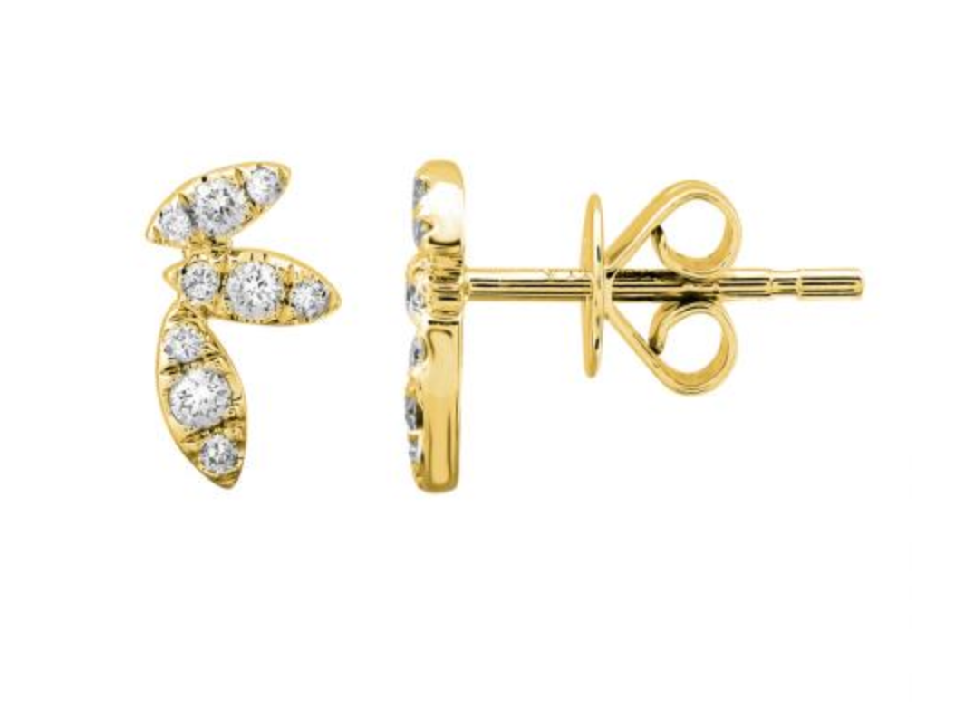 14k Yellow Gold Diamond Stud Leaf Earrings