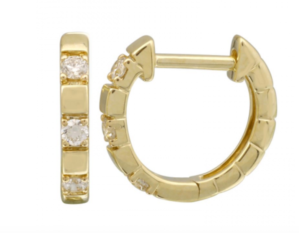 14k Yellow Gold Square Pattern Diamond Huggie Earrings