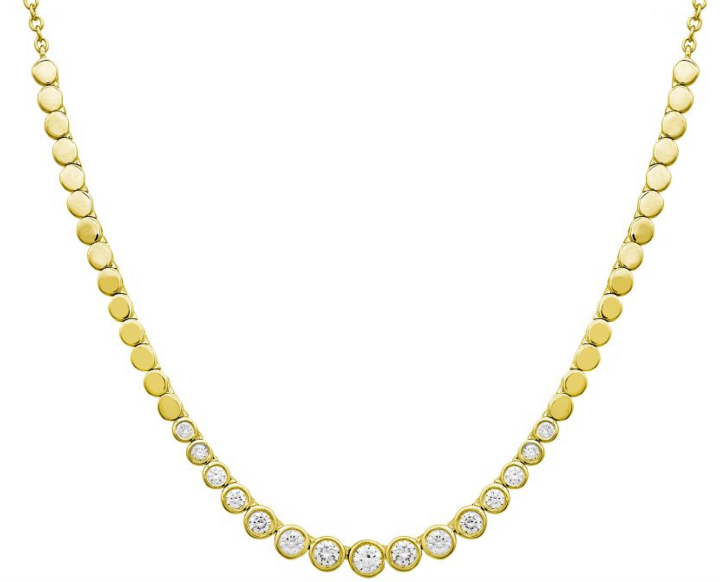 Graduated bezel diamond necklace with gold disc and chain