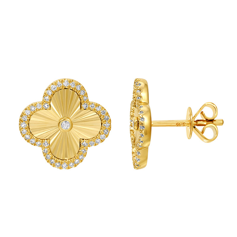 Fluted 14K and diamond clover studs