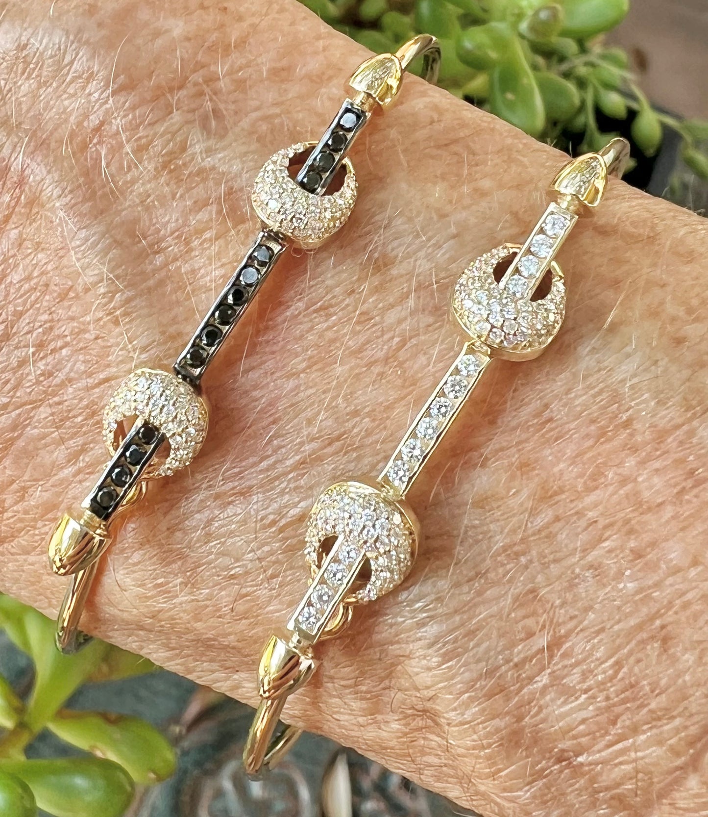 Bar wire bangle with two diamond knots