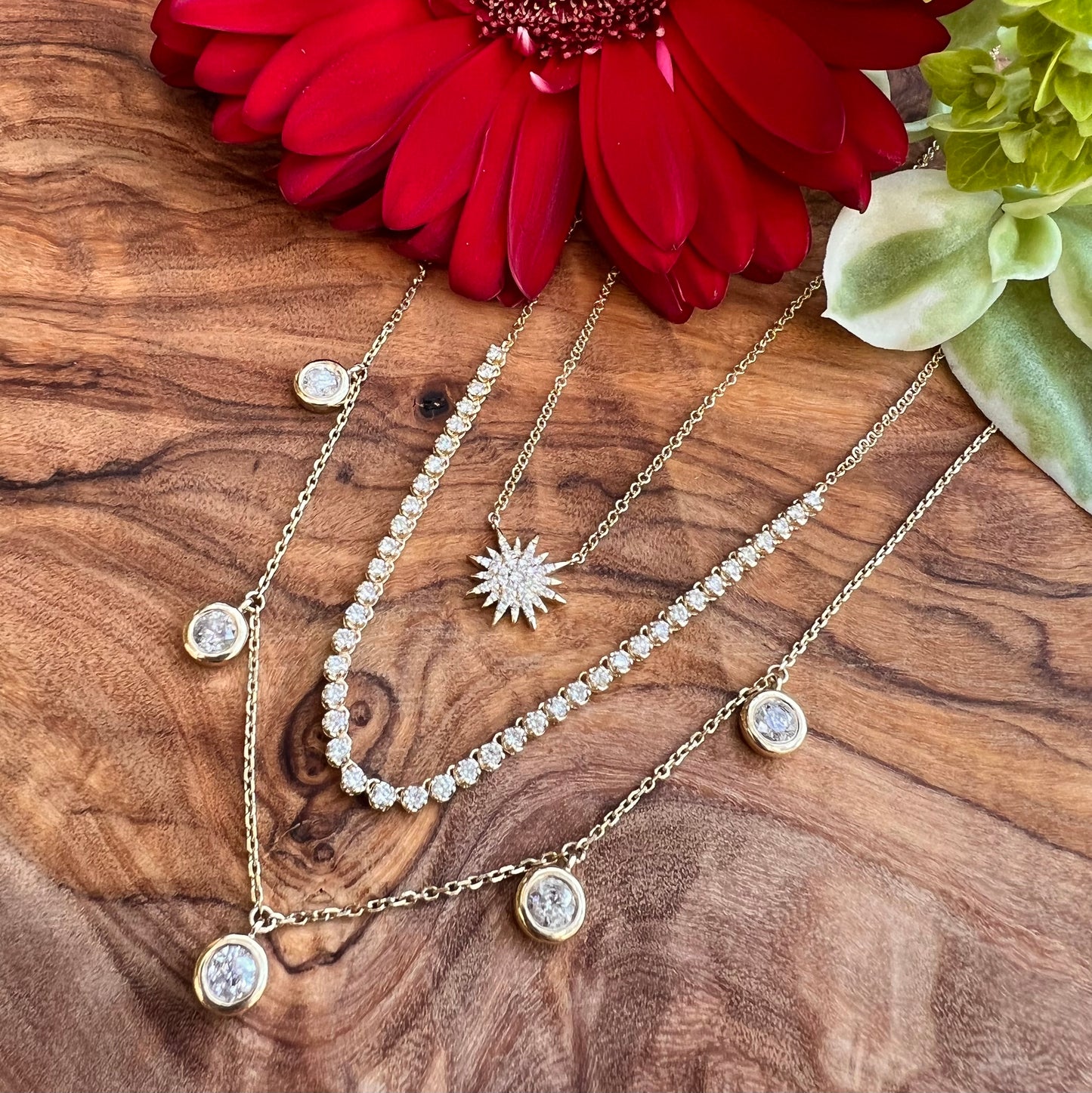 14K gold and diamond bezel set 5 drop necklace