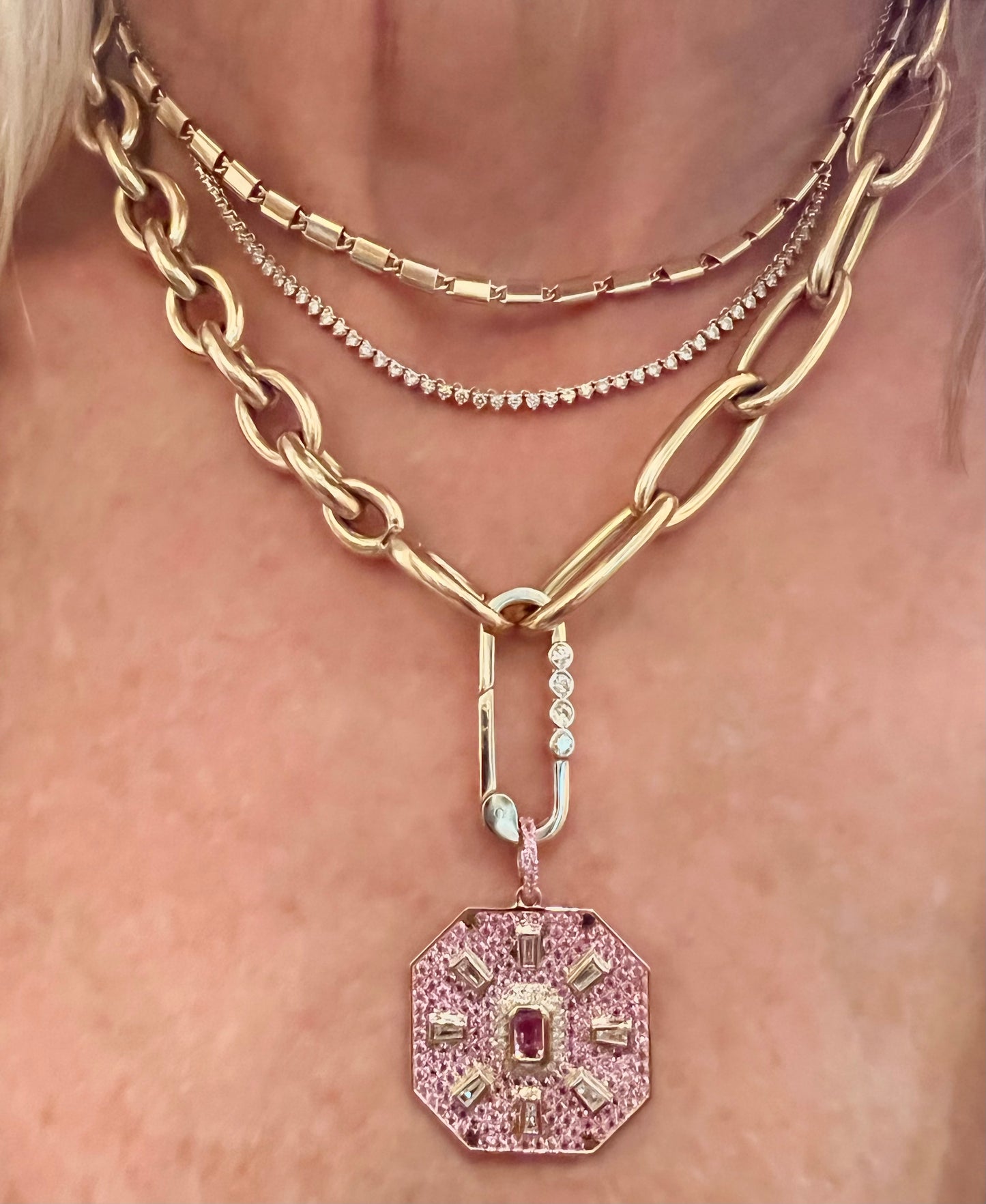 Pink sapphire and baguette diamond charm