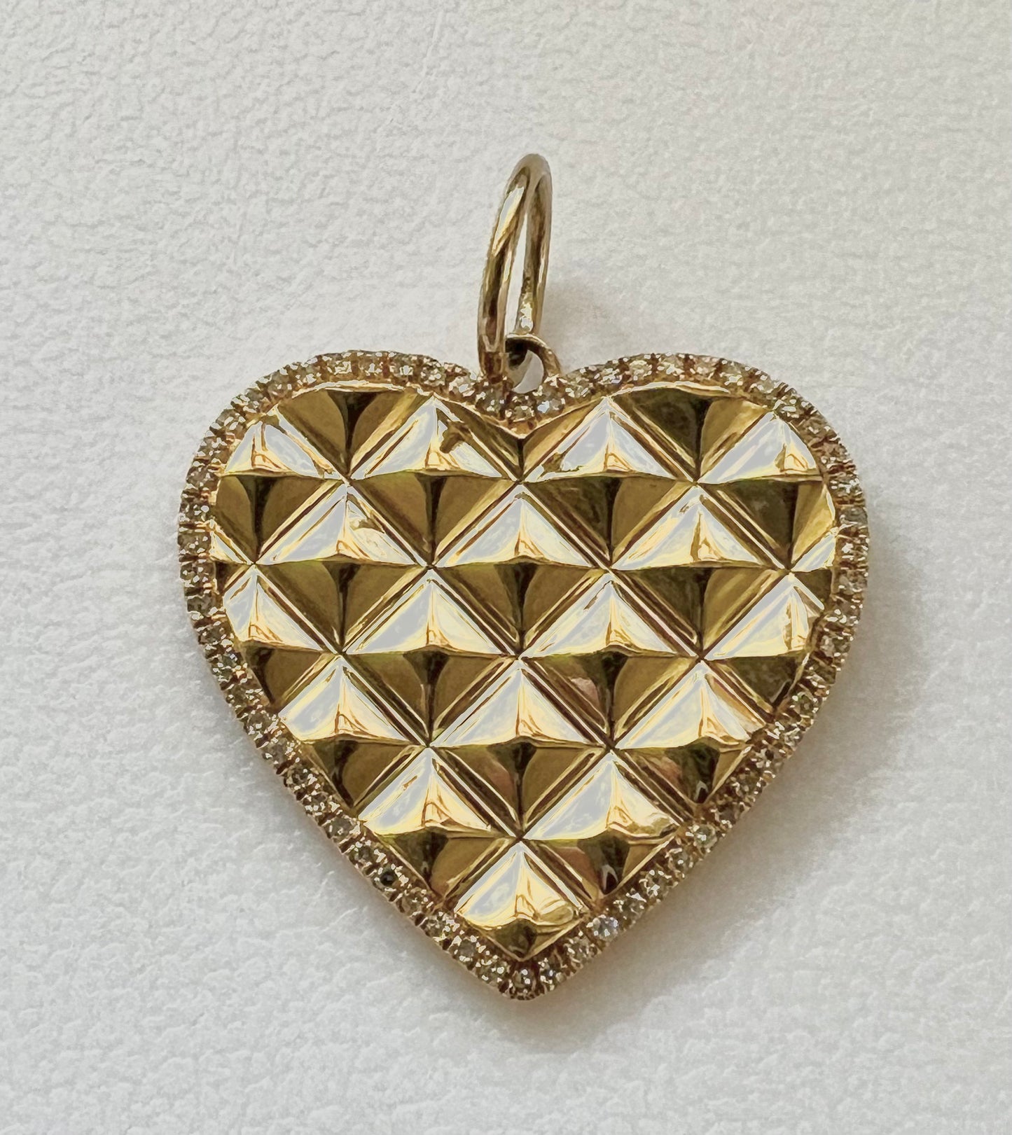 Quilted heart charm with diamond pave edge
