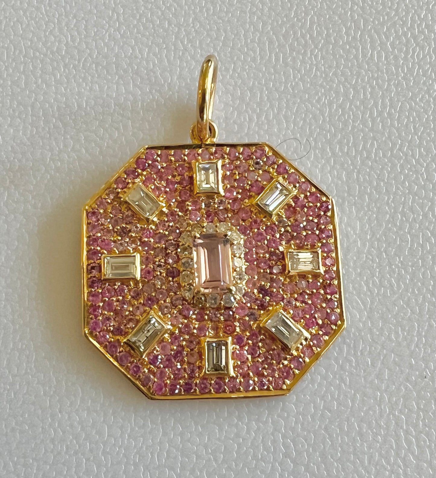 Pink sapphire and baguette diamond charm