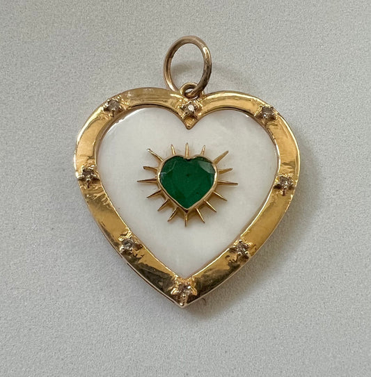 Emerald, diamond and gold heart shaped pendant
