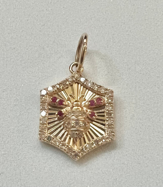 14K gold, diamond and ruby bee pendant
