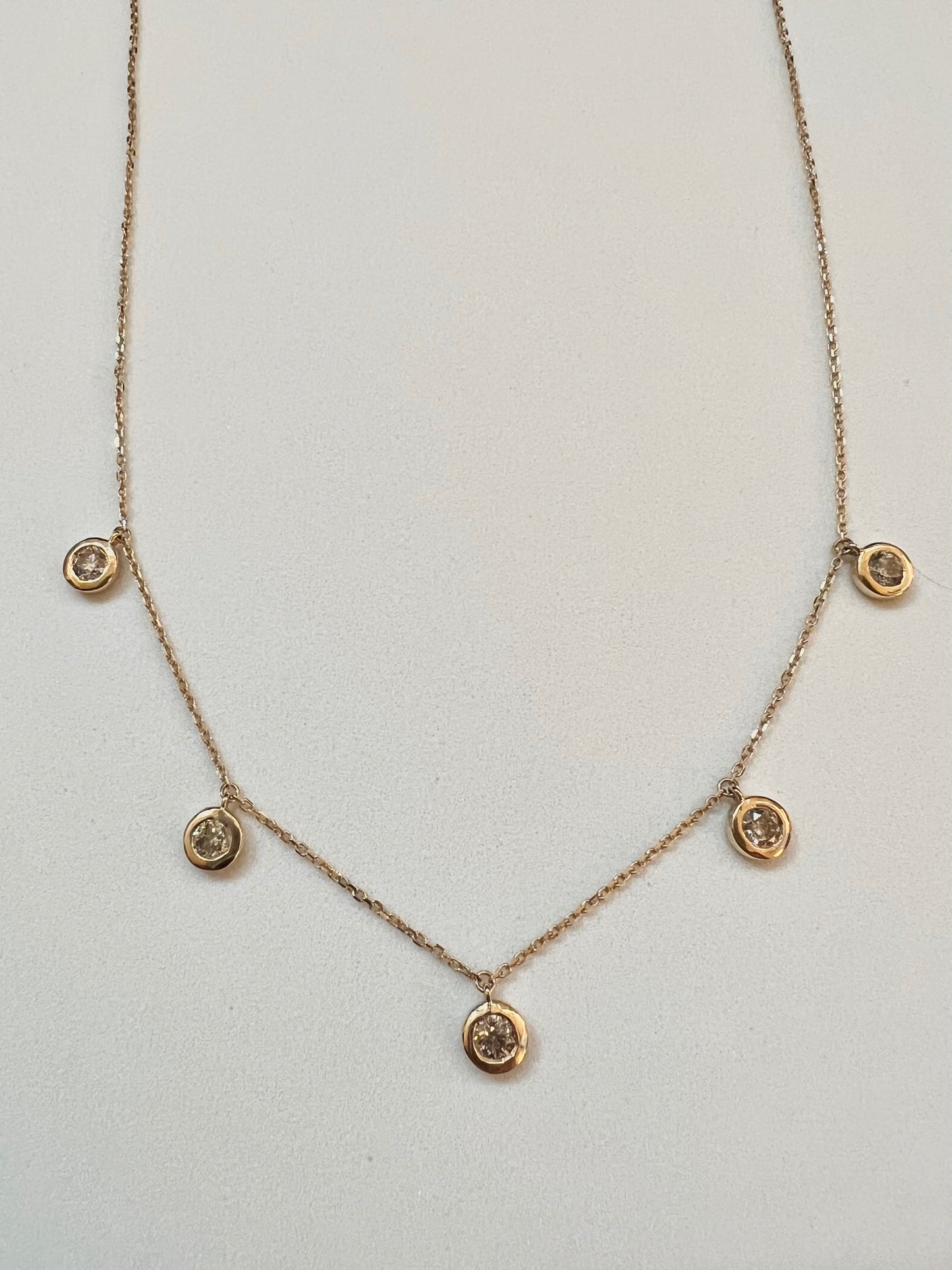 14K gold and diamond bezel set 5 drop necklace