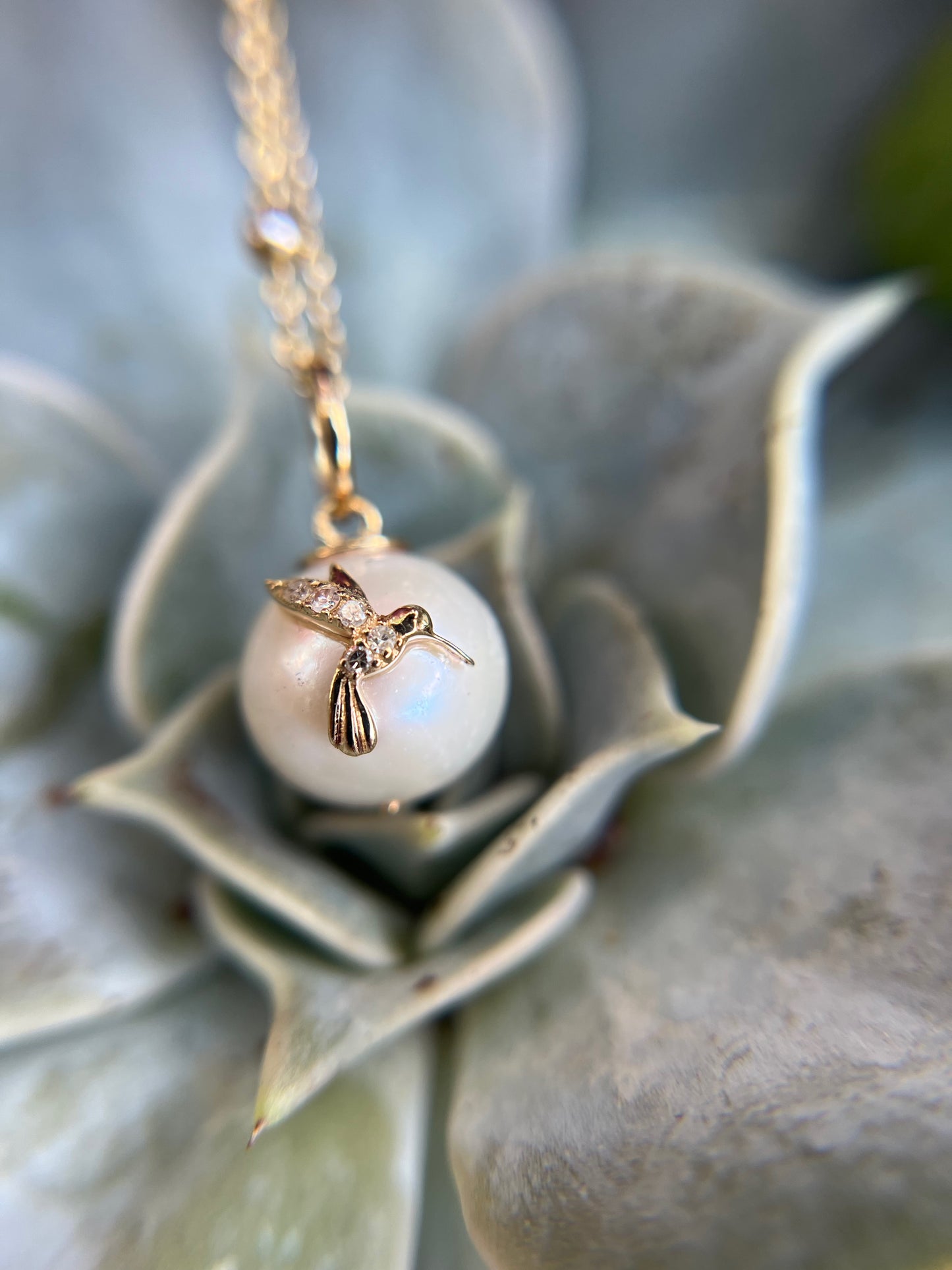 Pearl charm with diamond hummingbird