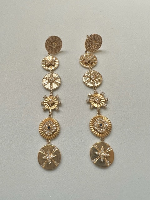 14K yellow gold multi charm drop earrings