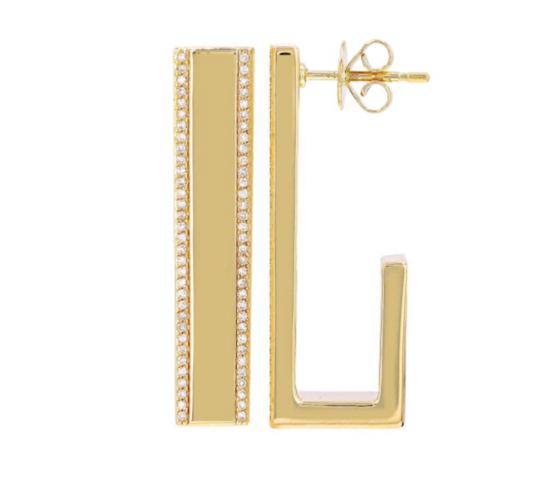Yellow gold diamond bar earrings with pave edge