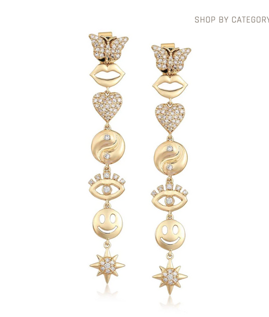 14K yellow gold multi charm drop earrings