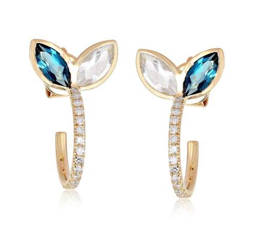 14K gold, diamond, white topaz and blue topaz earring