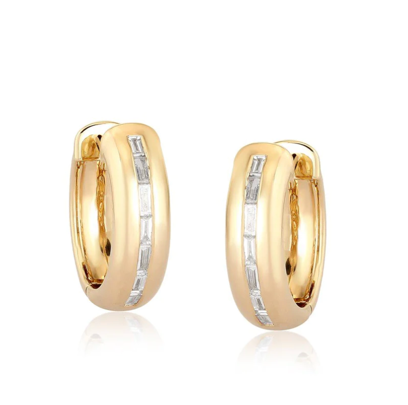 14K GOLD AND DIAMOND BAGUETTE HUGGIE EARRINGS