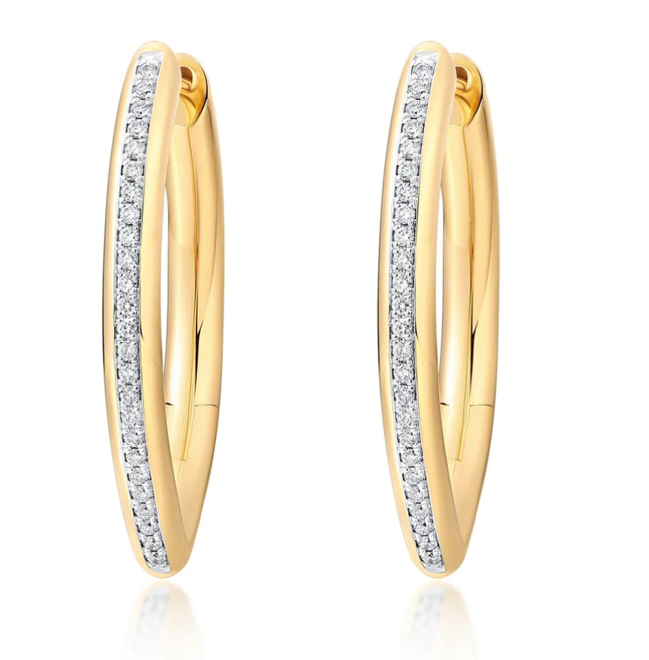 14K gold and diamond oval hoop earrings