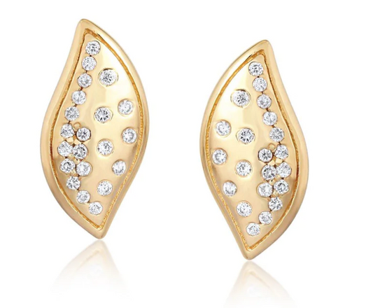 14K scattered diamond leaf stud earring