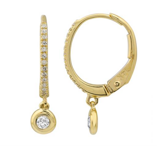 14K yellow gold and diamond lever back earring with bezel set diamond drop
