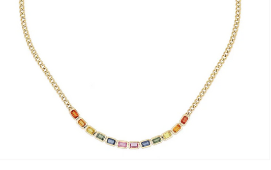 14K Multi sapphire, emerald cut necklace