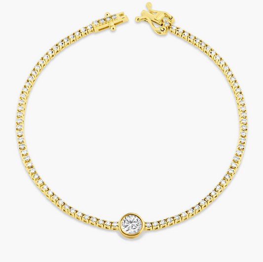 Bezel set round diamond on pave chain bracelet