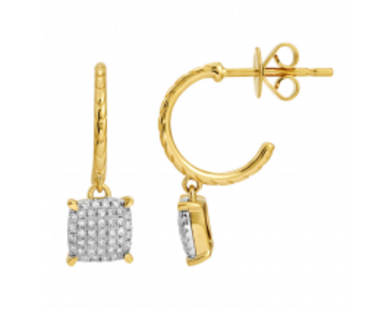 14k Yellow Gold Diamond J Hoop Earrings with Pave square drop