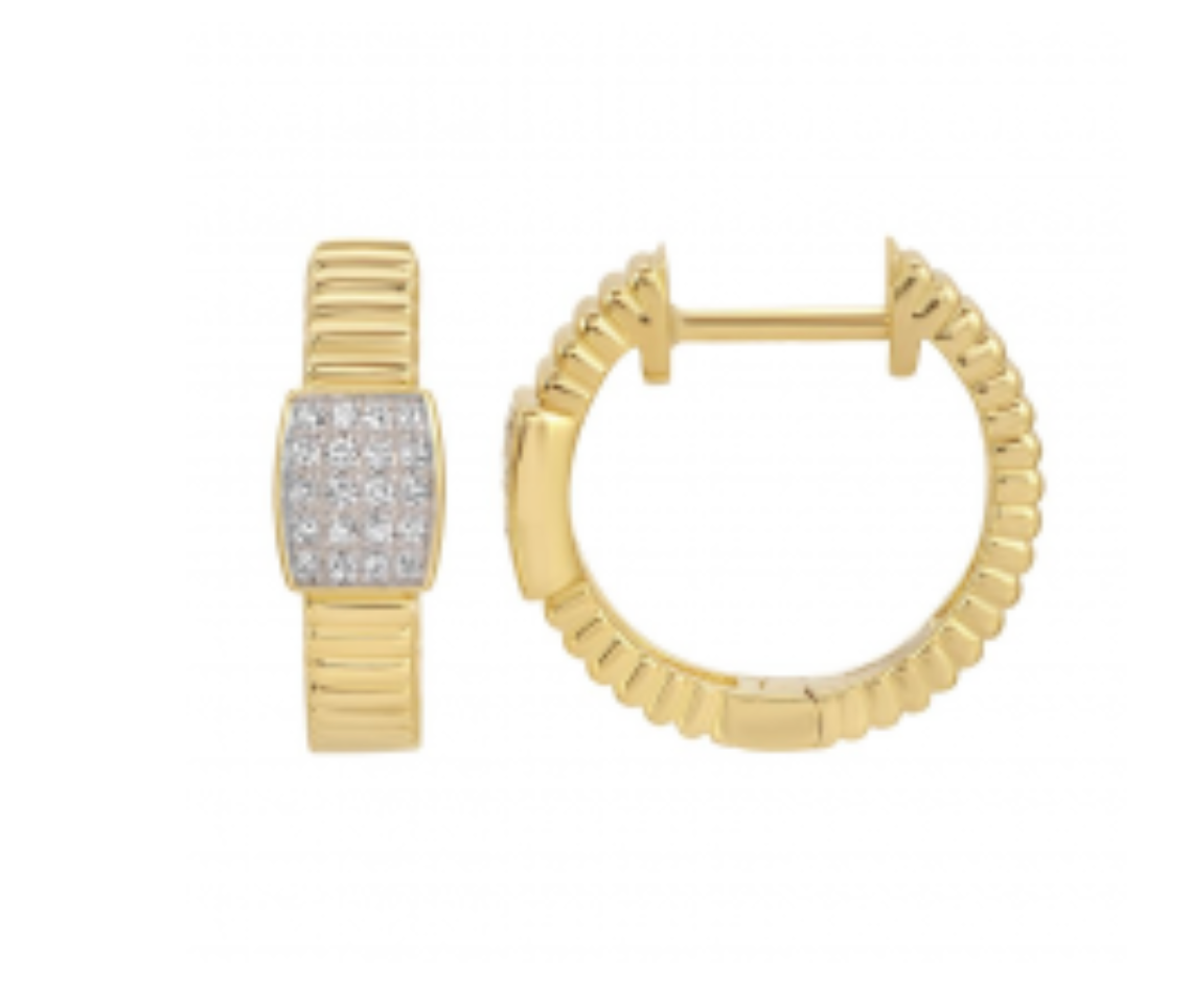 14k Yellow Gold Hand Made Lines / Fluted Diamond Huggie Earrings