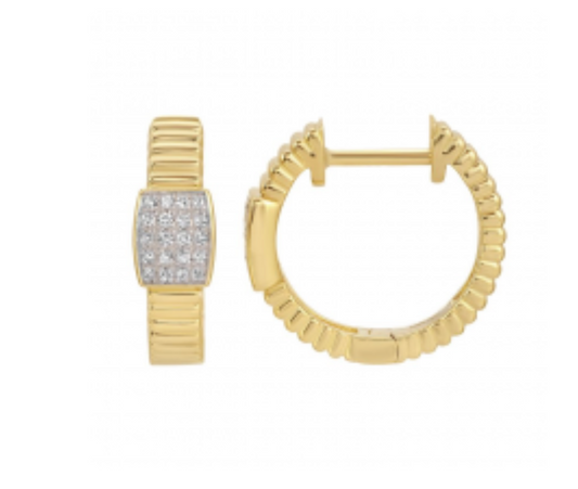 14k Yellow Gold Hand Made Lines / Fluted Diamond Huggie Earrings