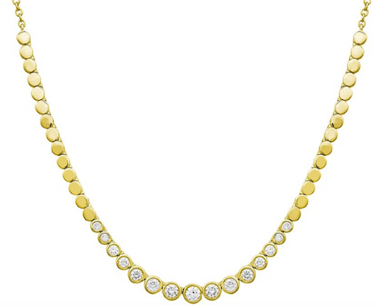 Graduated bezel diamond necklace with gold disc and chain