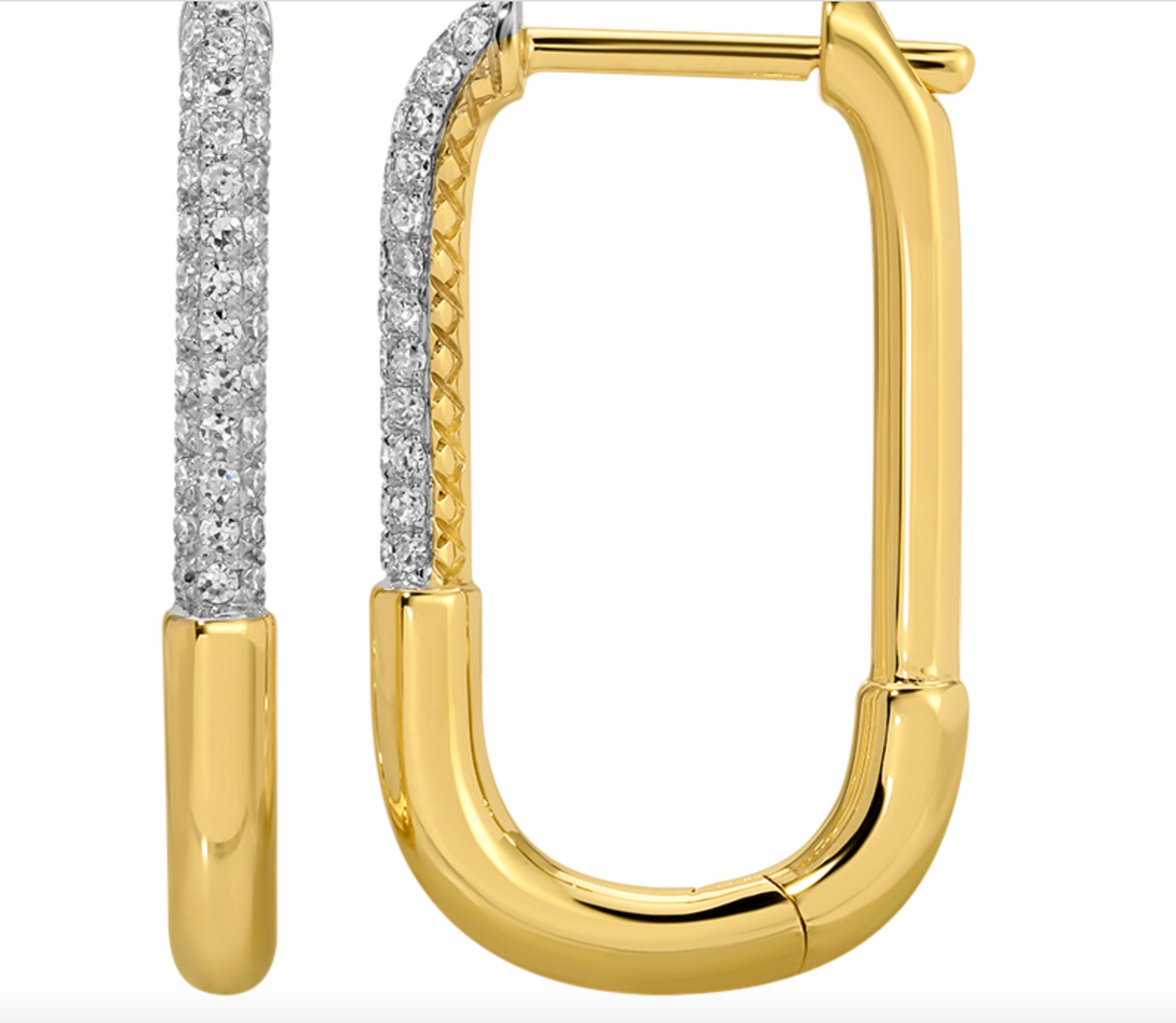 14K yellow gold and white rhodium rectangular huggie earrings