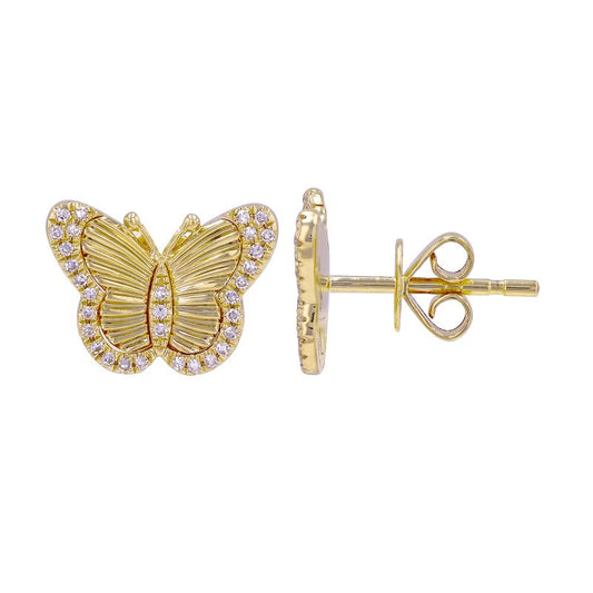 14K yellow gold pleated butterfly stud earring